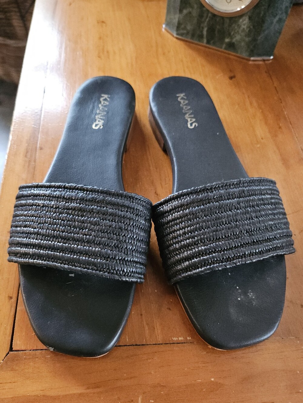 Kaanas Bimini Black Synthetic Raffia Flat Sandal Slide Size 6